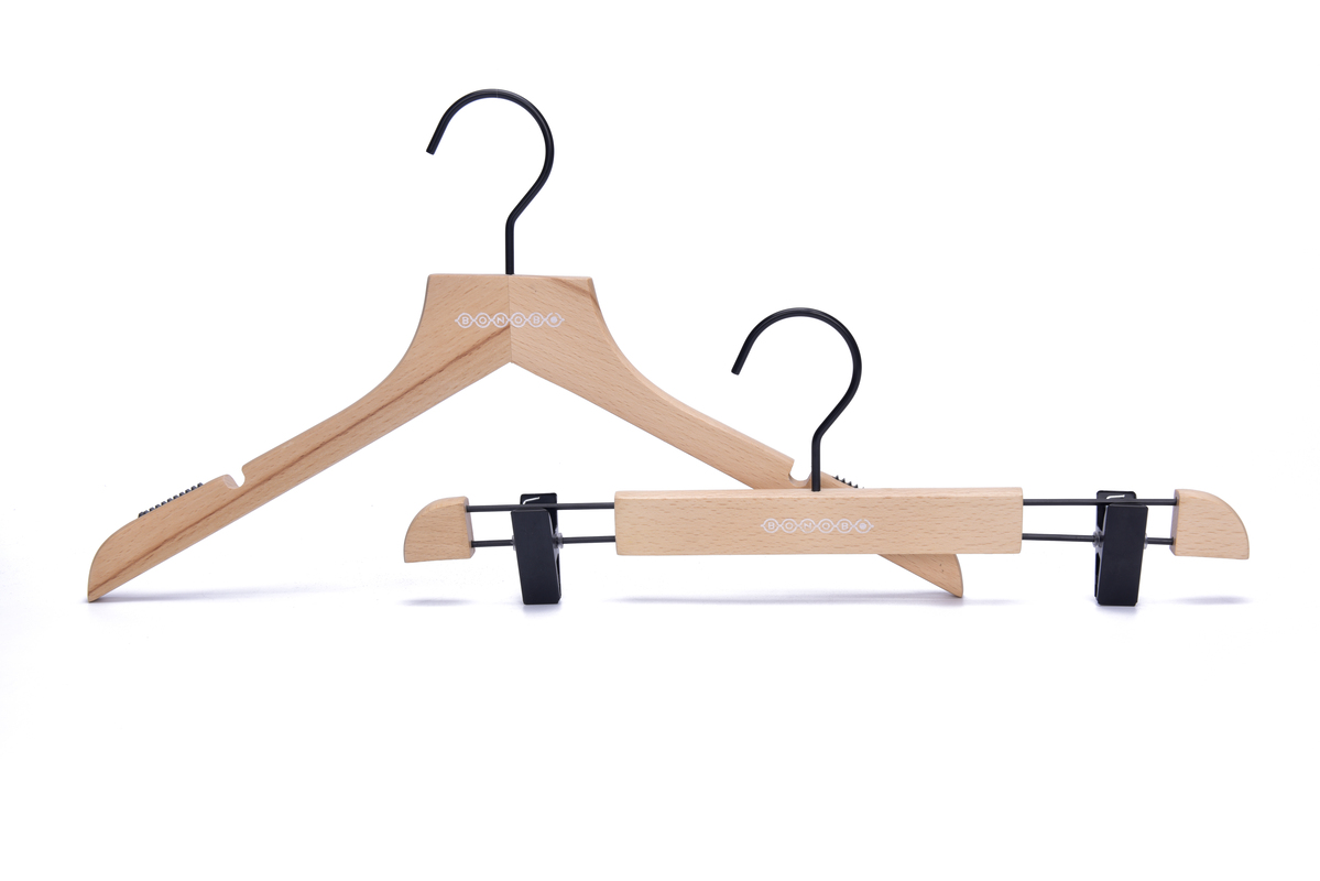 Beech Wood Hanger in Natural Colour with Anti-slip Strips & Black Hardware